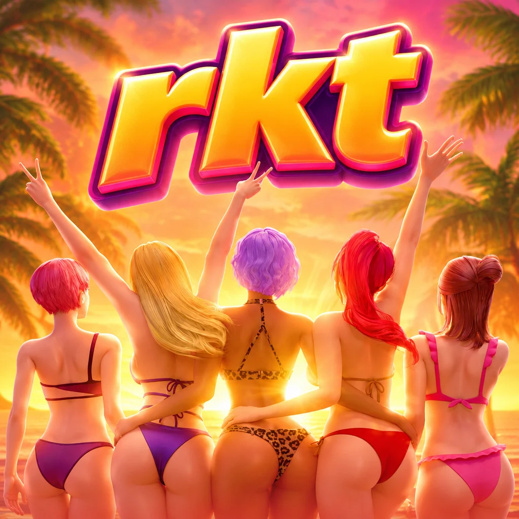 Lima wanita berbikini di tepi pantai saat matahari terbenam dalam game Bikini Paradise di rkt