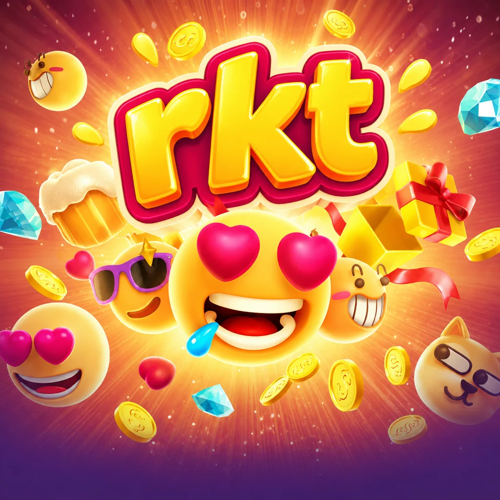 Karakter emoji tersenyum dengan latar visual penuh koin emas dalam game Emoji Riches di rkt