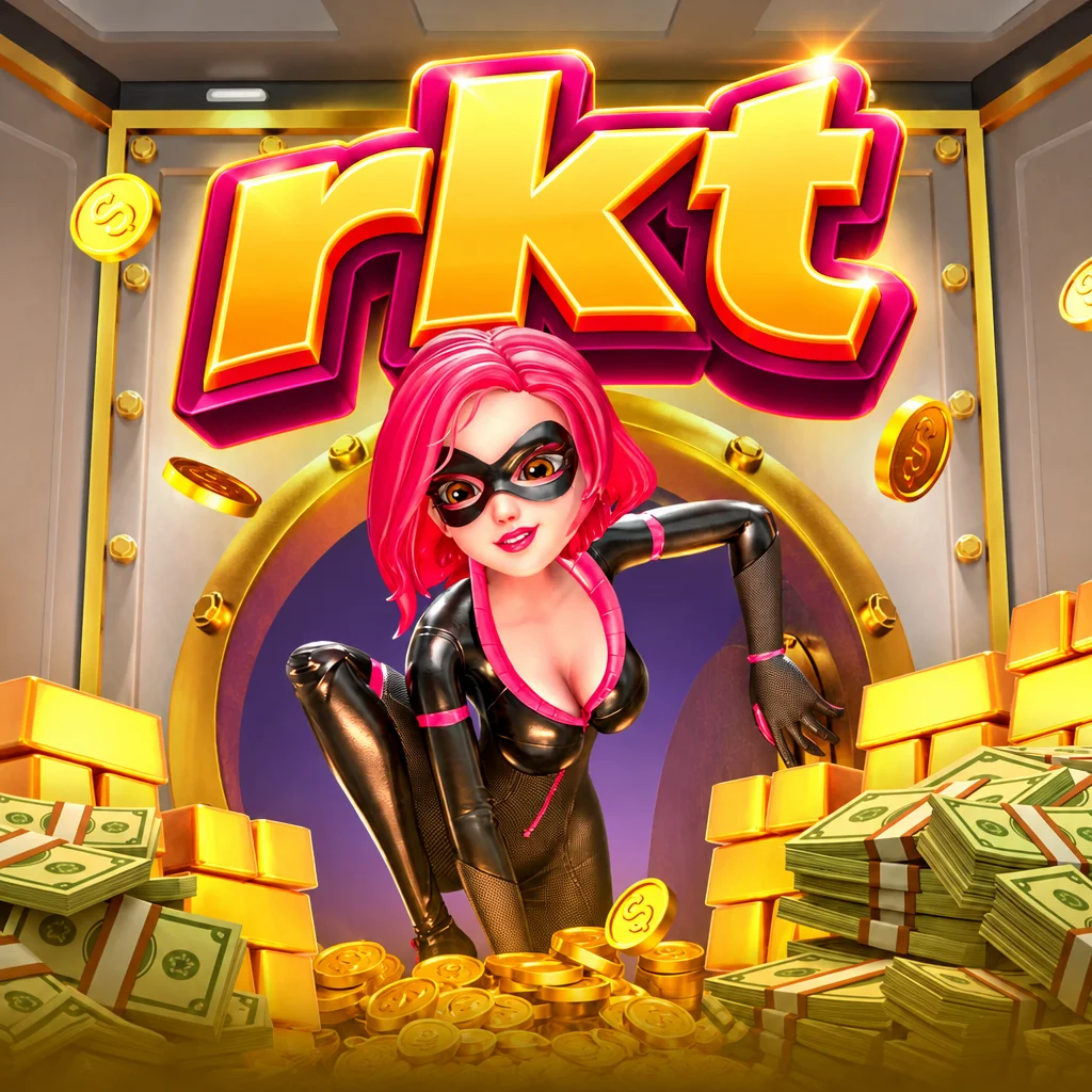 Karakter pencuri wanita berambut merah muda di depan brankas emas dalam game Heist Stakes di rkt